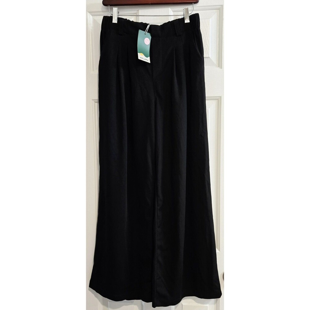 New Halara High Waisted Wide Leg Work Pants Medium Black Textured Waffle Pleated